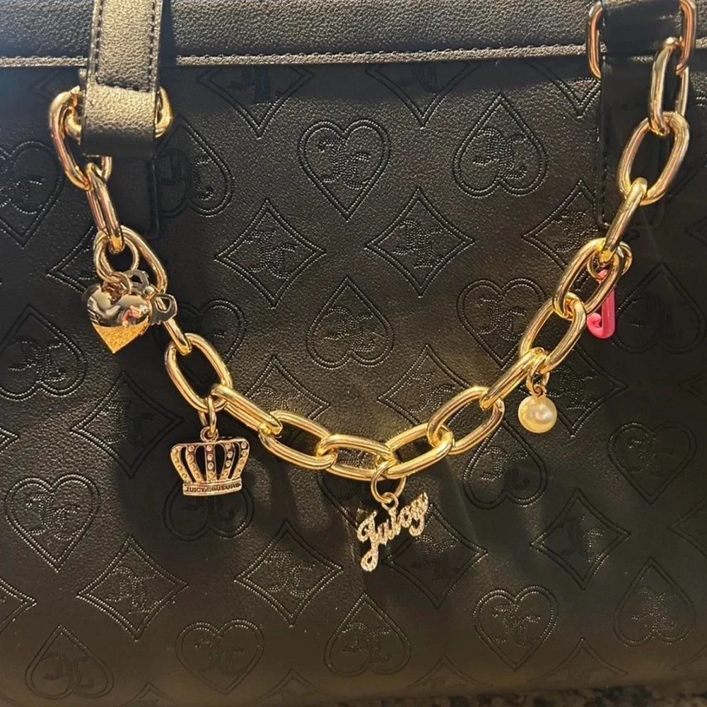 Juicy Couture Black Monogram Tote Bag Gold Chain Charm Shoulder Purse - Picture 3 of 6